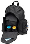 Black backpack diaper bag.